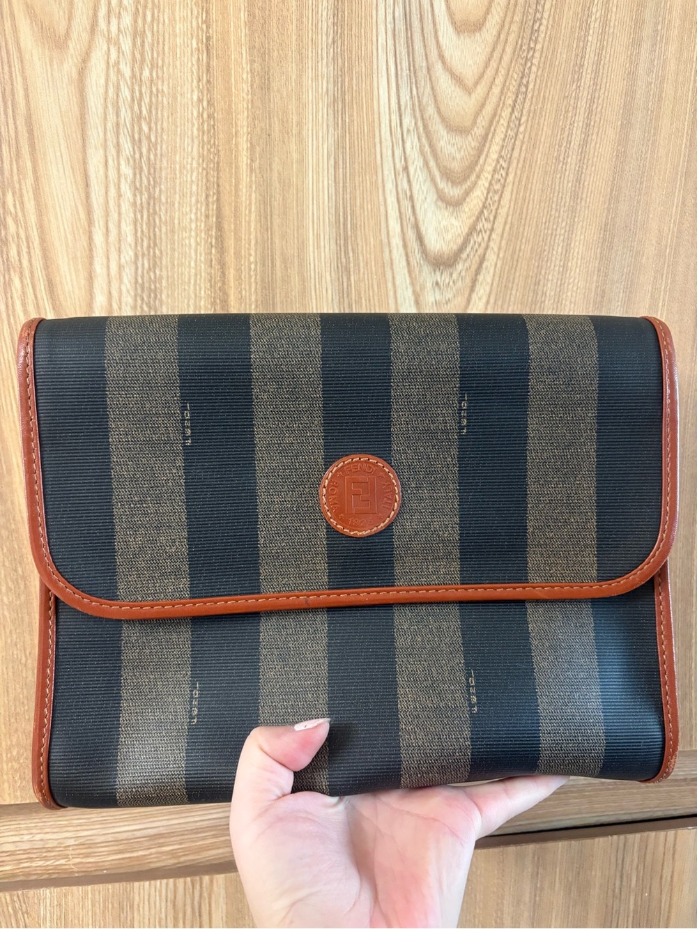 Auth Fendi Pequin Clutch bag Medium